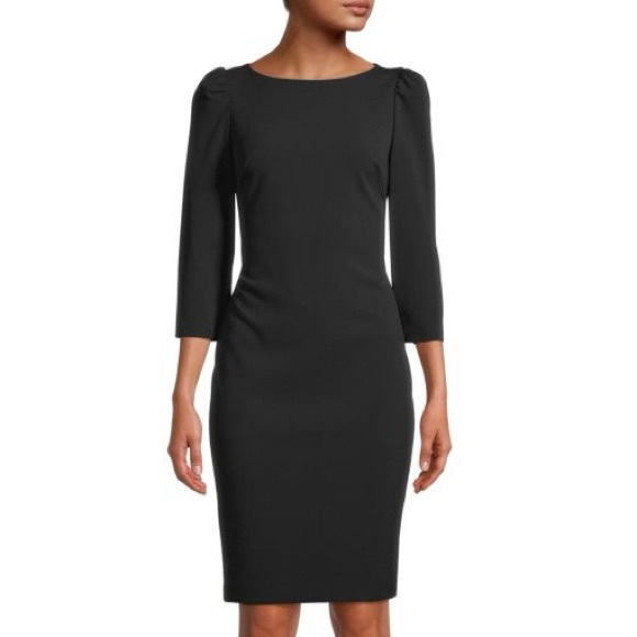 CALVIN KLEIN Black Classic Puff-Sleeve Sheath Midi Dress Size 6 Small S - Picture 1 of 10